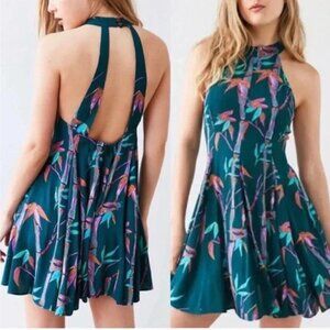 Kimchi LIKE NEW blue bamboo novelty print mini skater halter dress size XS